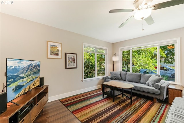 2185 Laurel Ave, Salem, OR 97301 - living area with dark wood finished floors, baseboards, and ceiling fan