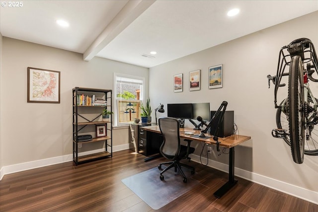 2185 Laurel Ave, Salem, OR 97301 - office featuring baseboards, dark wood-style floors, beamed ceiling, and recessed lighting
