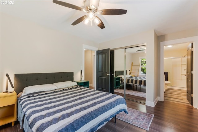 2185 Laurel Ave, Salem, OR 97301 - bedroom with a closet, wood finished floors, a ceiling fan, and baseboards