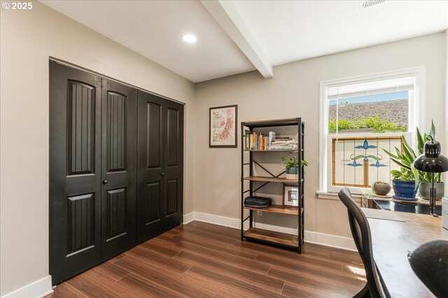 2185 Laurel Ave, Salem, OR 97301 - office featuring baseboards, dark wood-style floors, beam ceiling, and recessed lighting