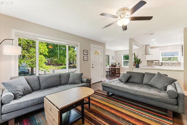 2185 Laurel Ave, Salem, OR 97301 - living room with dark wood-style floors, healthy amount of natural light, a ceiling fan, and recessed lighting