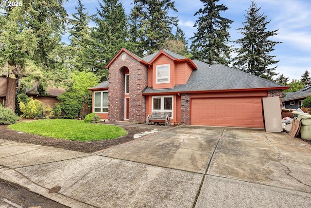 19915 SW Celebrity St, Beaverton, OR 97078 - traditional-style house with roof with shingles, concrete driveway, a garage, brick siding, and a front yard