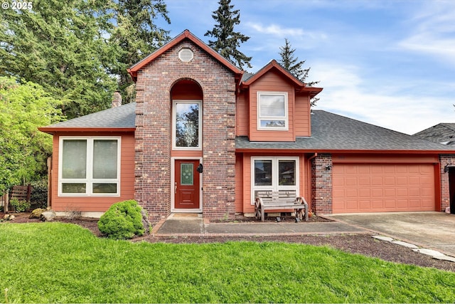 19915 SW Celebrity St, Beaverton, OR 97078 - view of front of house with concrete driveway, an attached garage, brick siding, roof with shingles, and a front yard