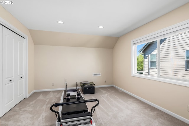 2053 Lakeview Dr, Eugene, OR 97408 - workout room featuring light colored carpet, recessed lighting, and vaulted ceiling