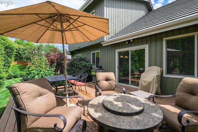 2053 Lakeview Dr, Eugene, OR 97408 - view of patio / terrace with outdoor dining space, a wooden deck, and grilling area