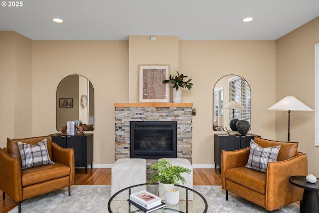 2053 Lakeview Dr, Eugene, OR 97408 - living room with wood finished floors, a fireplace, and recessed lighting
