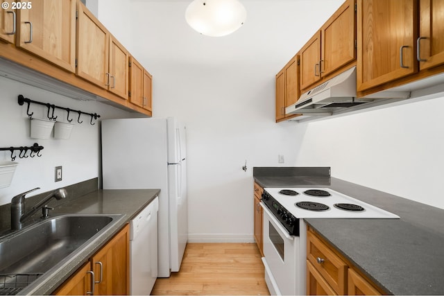 1910 SW 18th Ave Unit 34, Portland, OR 97201 - kitchen featuring white appliances, dark countertops, light wood-type flooring, under cabinet range hood, and brown cabinetry