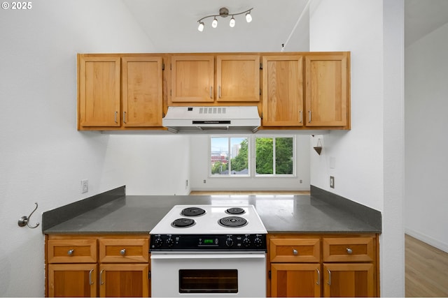 1910 SW 18th Ave Unit 34, Portland, OR 97201 - kitchen featuring white electric stove, exhaust hood, dark countertops, and wood finished floors