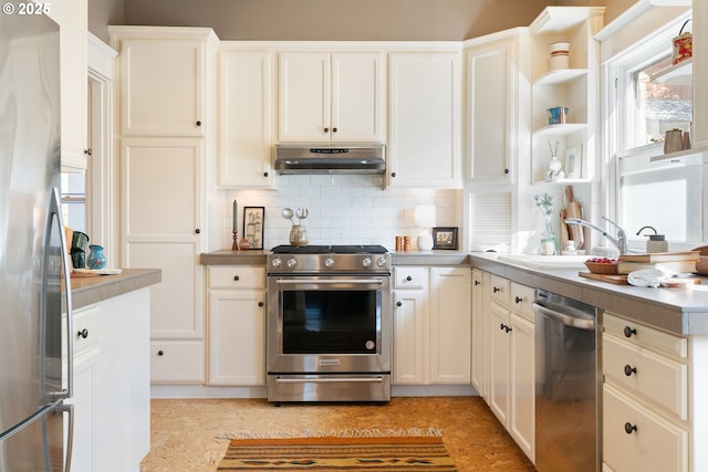 kitchen with under cabinet range hood, open shelves, a sink, tasteful backsplash, and stainless steel appliances