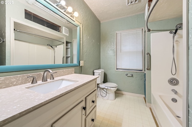 full bathroom featuring vanity, toilet, a textured ceiling, and shower / bathing tub combination