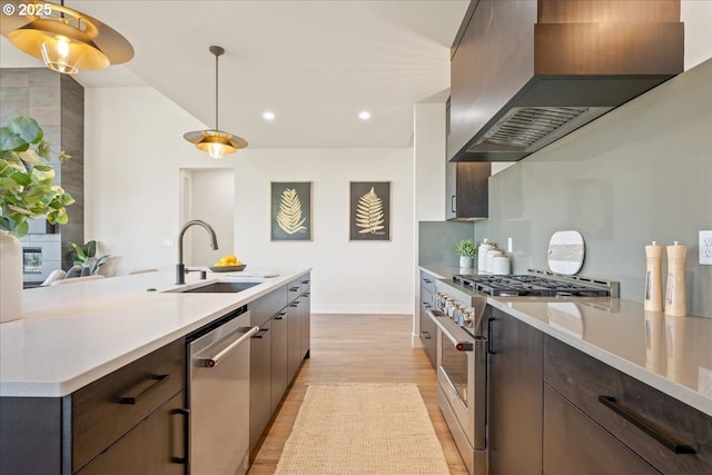 750 N V St, Washougal, WA 98671 - kitchen featuring appliances with stainless steel finishes, a sink, wall chimney exhaust hood, light wood-style flooring, and light countertops