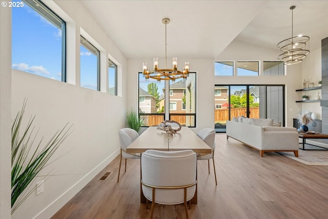 750 N V St, Washougal, WA 98671 - dining space featuring a chandelier, wood finished floors, plenty of natural light, baseboards, and a high ceiling