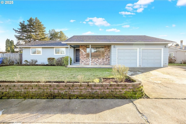 single story home featuring a porch, a front lawn, and a garage