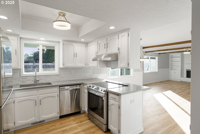 kitchen with stainless steel appliances, kitchen peninsula, sink, light hardwood / wood-style flooring, and white cabinetry