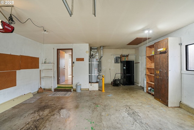 garage with water heater and a garage door opener