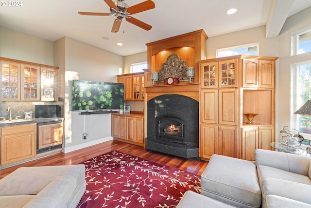 6904 SW Joshua Ct, Powell Butte, OR 97753 - living room featuring plenty of natural light, dark wood-type flooring, ceiling fan, and recessed lighting