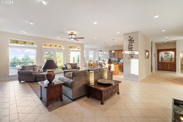 6904 SW Joshua Ct, Powell Butte, OR 97753 - living room featuring recessed lighting, light tile patterned flooring, and ceiling fan