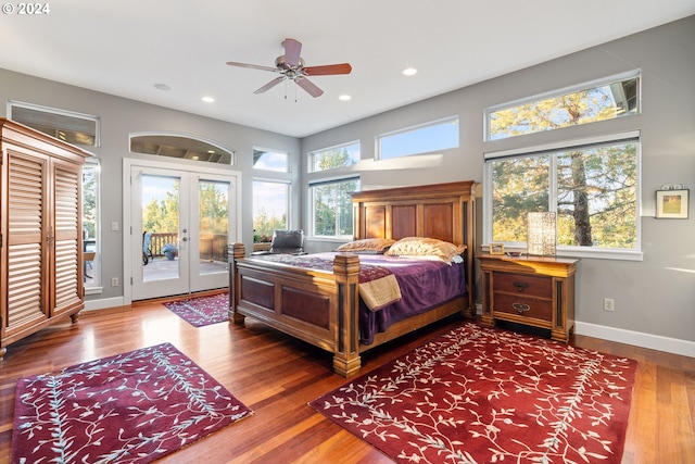6904 SW Joshua Ct, Powell Butte, OR 97753 - bedroom featuring french doors, access to outside, wood finished floors, recessed lighting, and a ceiling fan