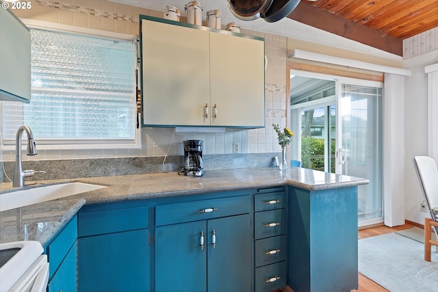 320 El Rotundo Ave, Lincoln City, OR 97367 - kitchen with blue cabinetry, wood ceiling, a sink, and healthy amount of natural light