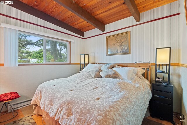 320 El Rotundo Ave, Lincoln City, OR 97367 - bedroom with wooden ceiling with exposed beams, wood finished floors, and wallpapered walls