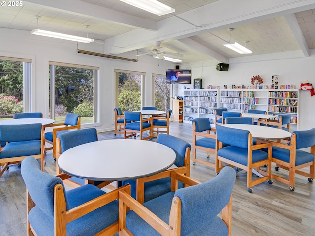 320 El Rotundo Ave, Lincoln City, OR 97367 - game room featuring light wood-style floors, beam ceiling, and ceiling fan
