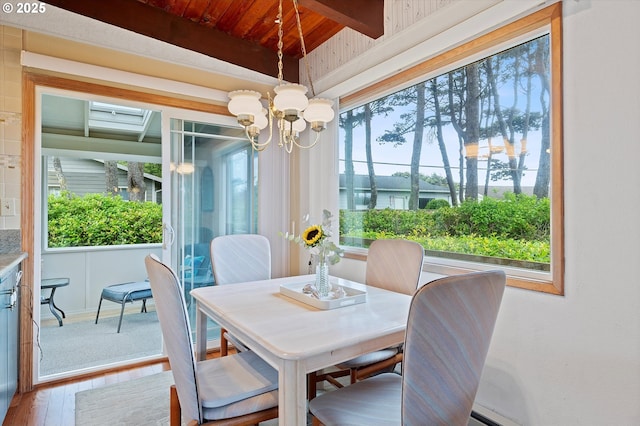 320 El Rotundo Ave, Lincoln City, OR 97367 - dining room featuring wood-type flooring, wood ceiling with exposed beams, a chandelier, and a water view