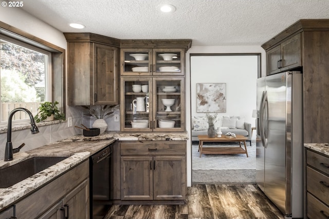 2005 SW Stella Way, Troutdale, OR 97060 - kitchen with stainless steel refrigerator with ice dispenser, dishwasher, a sink, a textured ceiling, and dark wood-type flooring