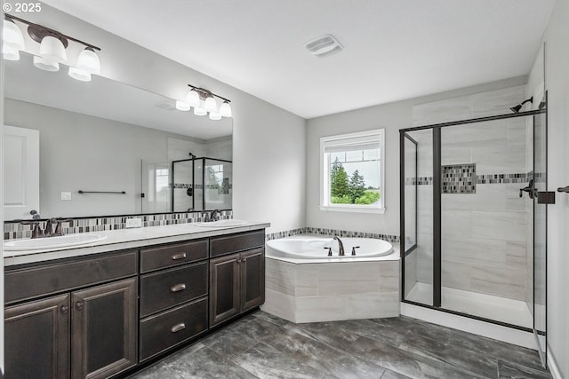 7698 NW Catalpa St, Portland, OR 97229 - full bath with a shower stall, a bath, double vanity, and marble finish flooring