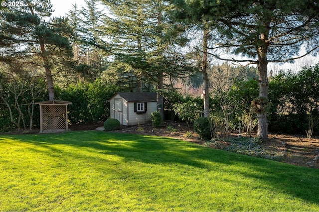 view of yard with a shed and an outdoor structure