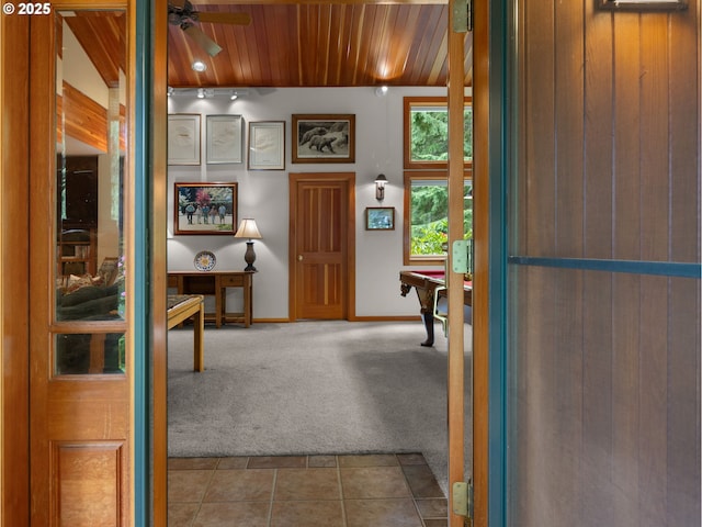 24880 E Arrah Wanna Blvd, Welches, OR 97067 - entryway with carpet flooring, billiards, wood ceiling, a ceiling fan, and baseboards