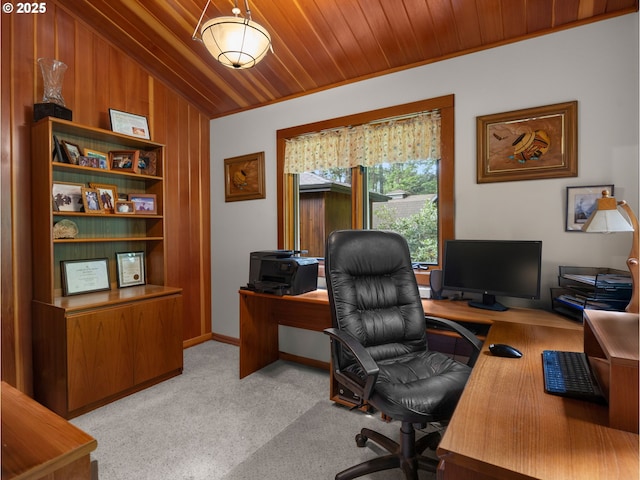 24880 E Arrah Wanna Blvd, Welches, OR 97067 - office area featuring wooden ceiling, light carpet, lofted ceiling, and baseboards