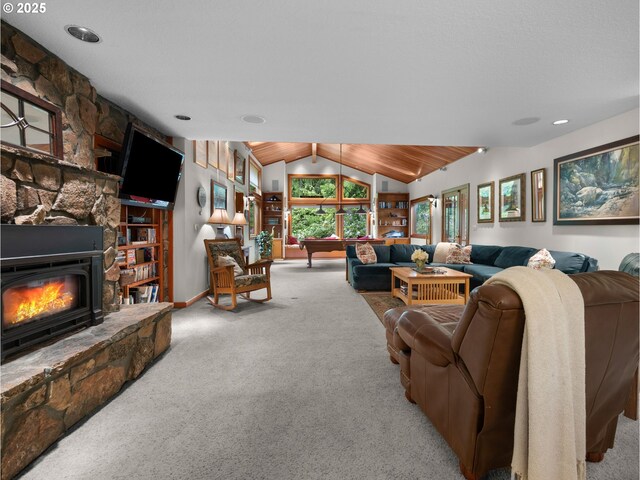 24880 E Arrah Wanna Blvd, Welches, OR 97067 - living area featuring vaulted ceiling, carpet, a fireplace, and baseboards