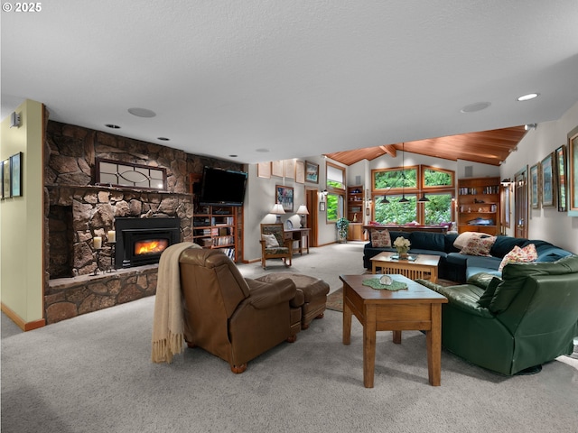 24880 E Arrah Wanna Blvd, Welches, OR 97067 - carpeted living room with a stone fireplace, lofted ceiling, and baseboards