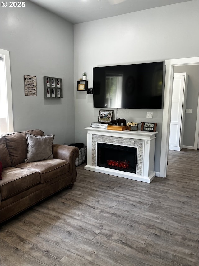 78115 Giger Ln, Weston, OR 97886 - living room with wood finished floors, a stone fireplace, and baseboards
