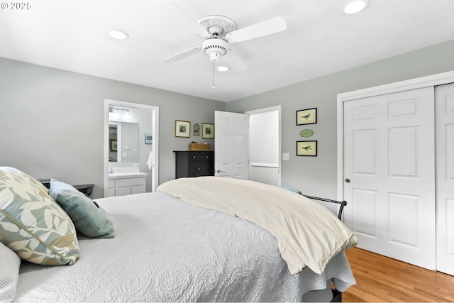 819 SE 98th Ave, Vancouver, WA 98664 - bedroom with recessed lighting, light wood-type flooring, ensuite bath, a closet, and a ceiling fan