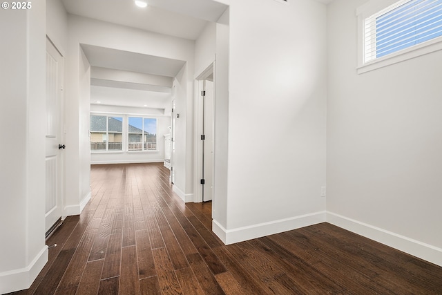 hall with plenty of natural light, baseboards, and dark wood-type flooring