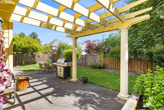 back of property with a yard, a pergola, and a patio area