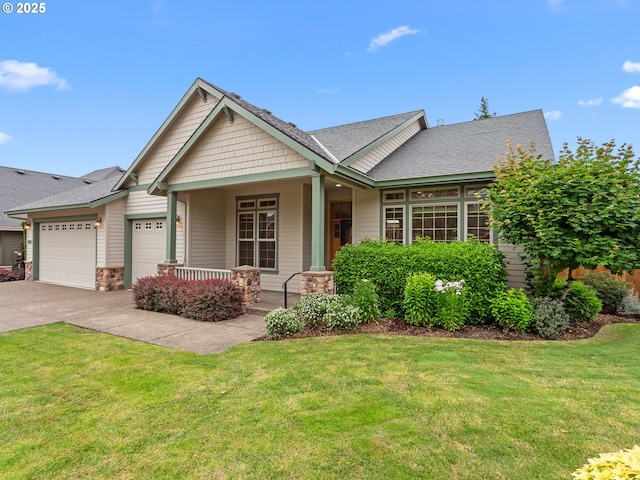 1466 NE 15th Ave, Canby, OR 97013 - craftsman inspired home featuring covered porch, an attached garage, a front lawn, stone siding, and driveway