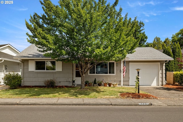 15870 SW Royalty Pkwy, King City, OR 97224 - obstructed view of property featuring a garage, driveway, a front yard, and roof with shingles