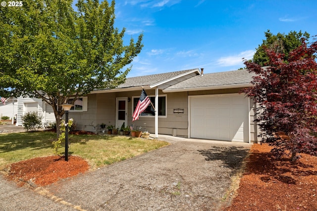 15870 SW Royalty Pkwy, King City, OR 97224 - ranch-style home with an attached garage, driveway, a front lawn, and roof with shingles
