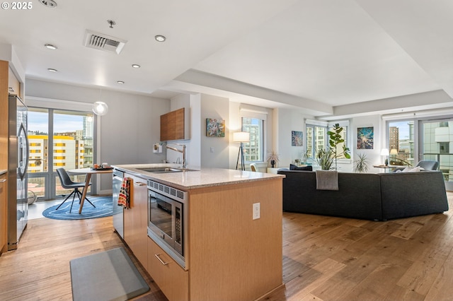 kitchen featuring sink, light stone counters, light hardwood / wood-style flooring, stainless steel appliances, and a kitchen island with sink