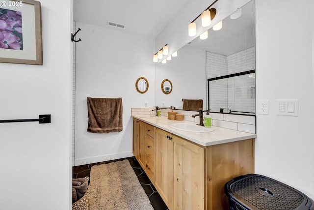 1723 Dotie Dr, Springfield, OR 97477 - bathroom with double vanity, a shower stall, tile patterned flooring, and baseboards
