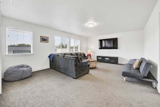 carpeted living area with baseboards