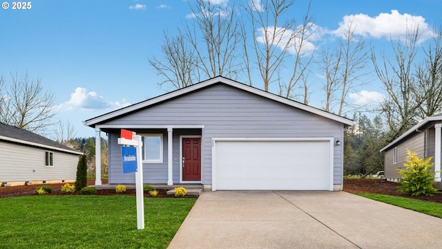 ranch-style home with covered porch, a front lawn, and concrete driveway