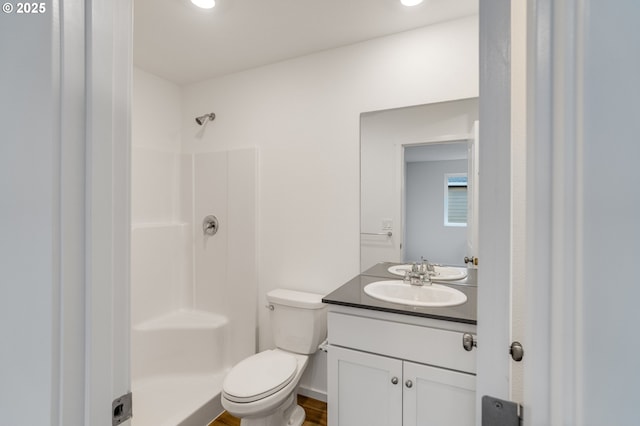 bathroom with toilet, a shower, and vanity