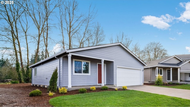 single story home featuring driveway, an attached garage, a porch, and a front lawn