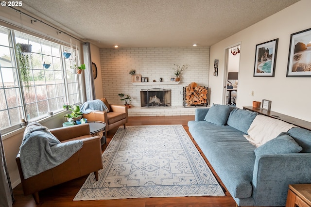 living room with a fireplace, wood finished floors, and a healthy amount of sunlight