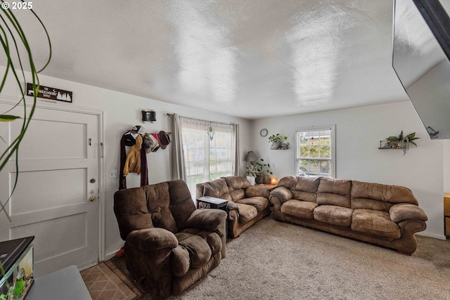 living area with a textured ceiling, carpet, and baseboards