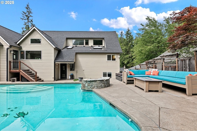 3430 Breezewood Ave, Eugene, OR 97405 - view of swimming pool featuring an outdoor living space with a fire pit, a patio, and an outdoor hot tub