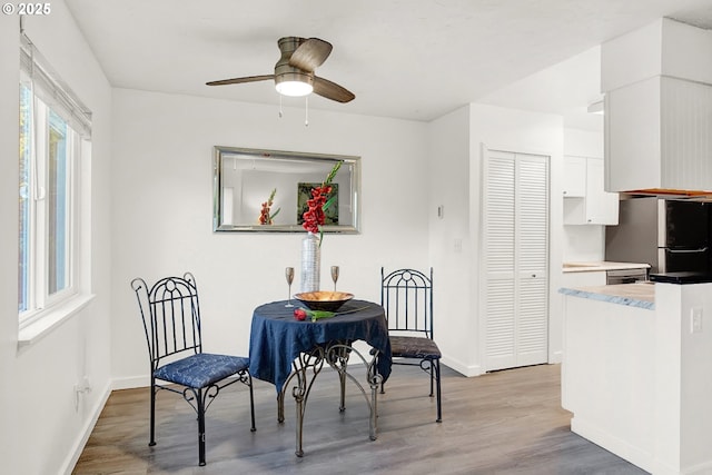 dining space with ceiling fan and light hardwood / wood-style floors